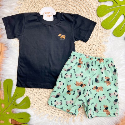 Conj. Camiseta Cachorrinho Bark e Bermuda - Preto e Verde